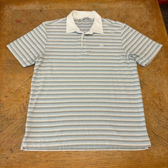 Travis Mathew Gray & Blue Stripe Short Sleeve Stretch Golf Polo Large Men - Picture 1 of 5
